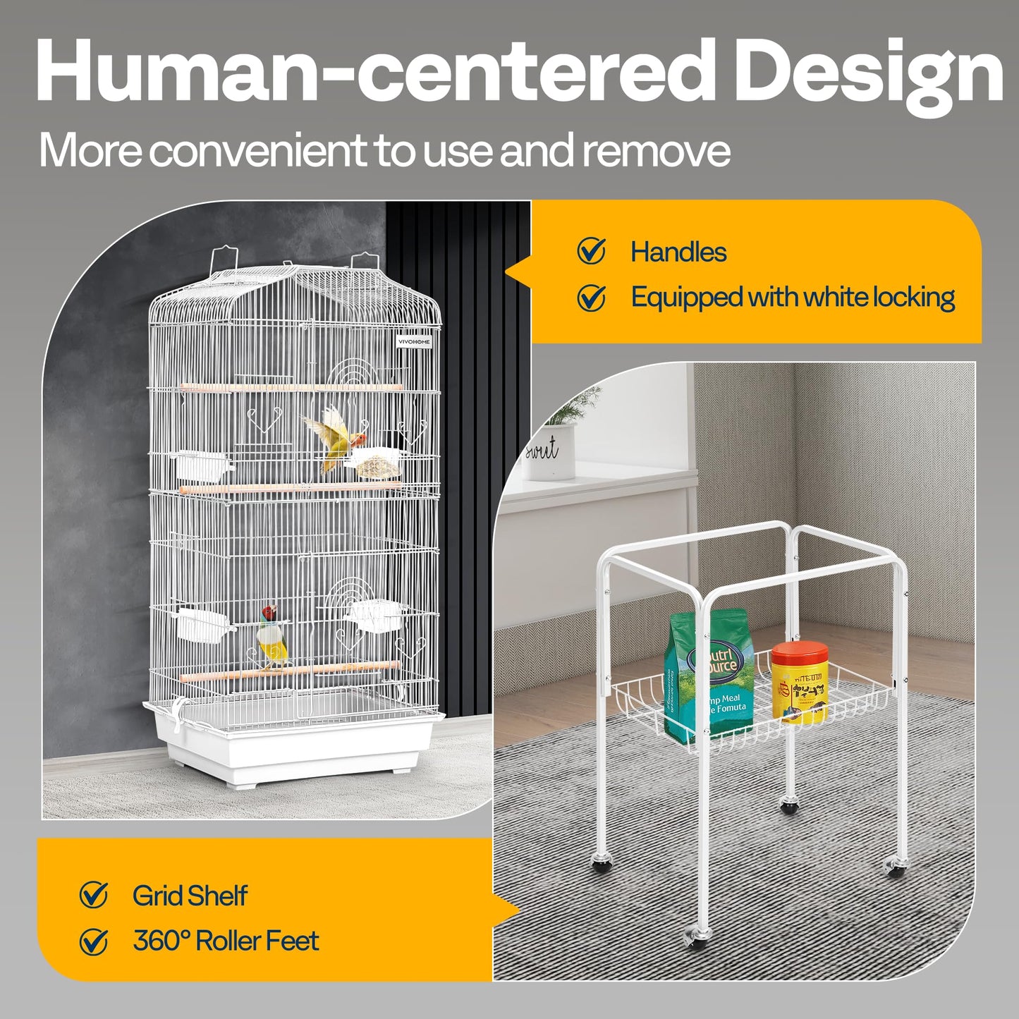 VIVOHOME 64 Inch Bird Cage with Play Top and Rolling Stand for Parrots Conures Lovebird Cockatiel Parakeets Gray