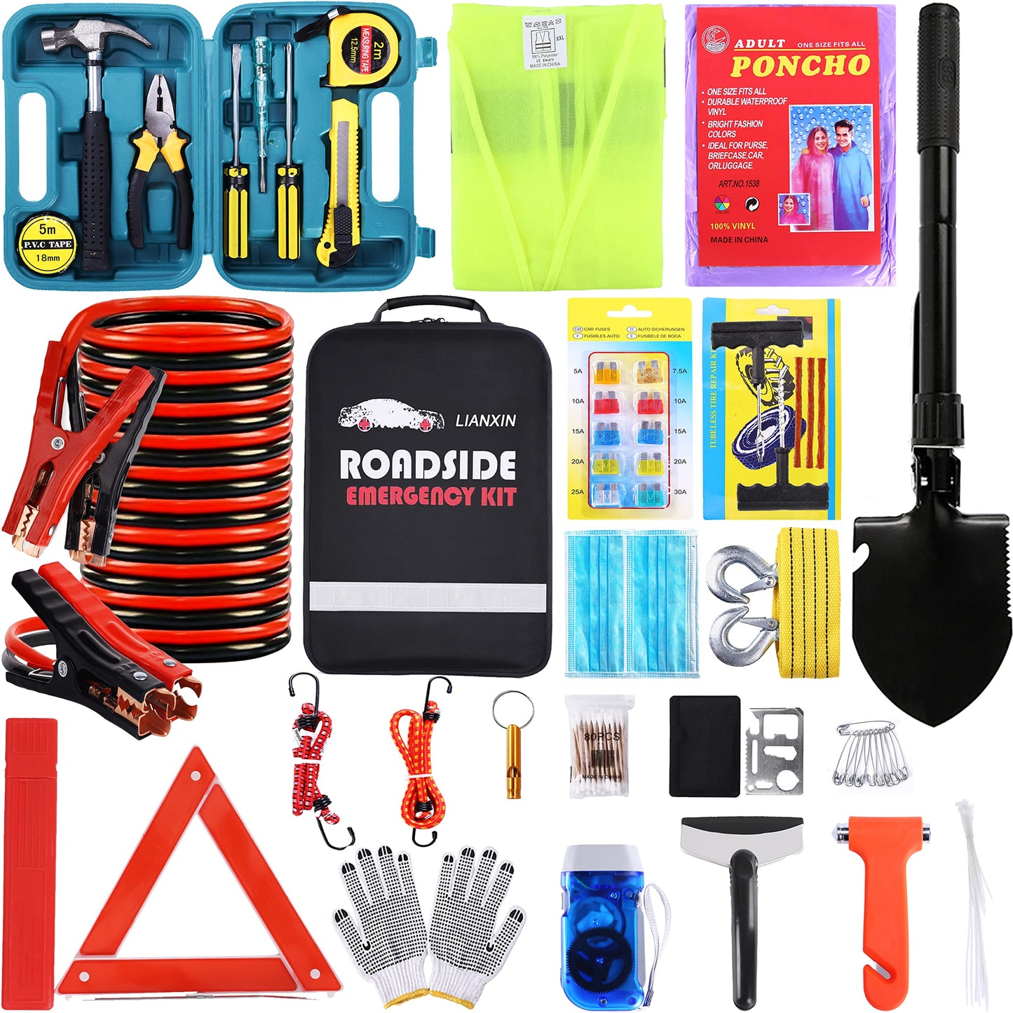 Roadside Assistance Emergency Kit - Car Emergency Kit with Jumper Cables (Upgraded) Emergency Roadside Kit for Car 142 Pieces Car Safety Kits,Tow Strap,Tool Kit,Reflective Warning Triangle