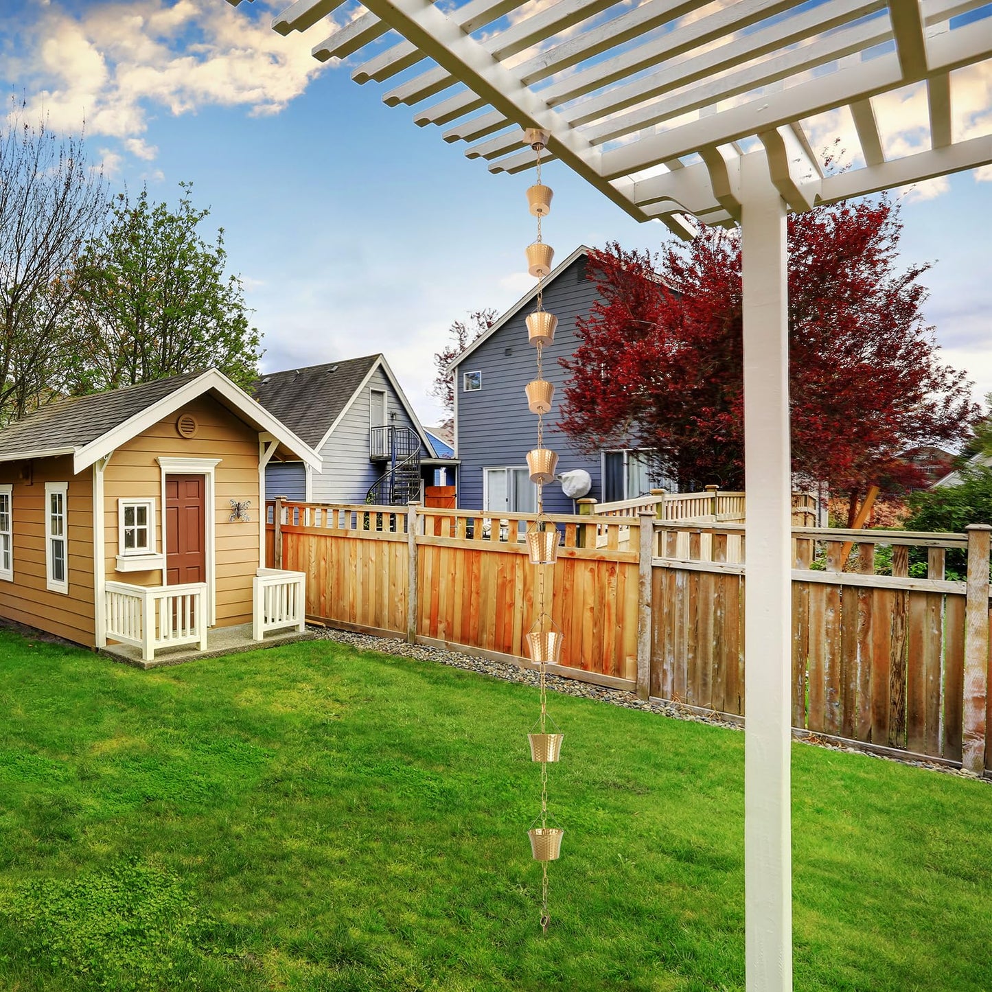 Rain Chain Bird Cage Set 8.5Ft, Not Rust Wrought Iron Rain Chains for Gutters with Adapter Gotta Drain and Sturdy Anchoring Stake,13 Cups, 1 Hook, Adjustable Length for Garden Decorative (Coffee)