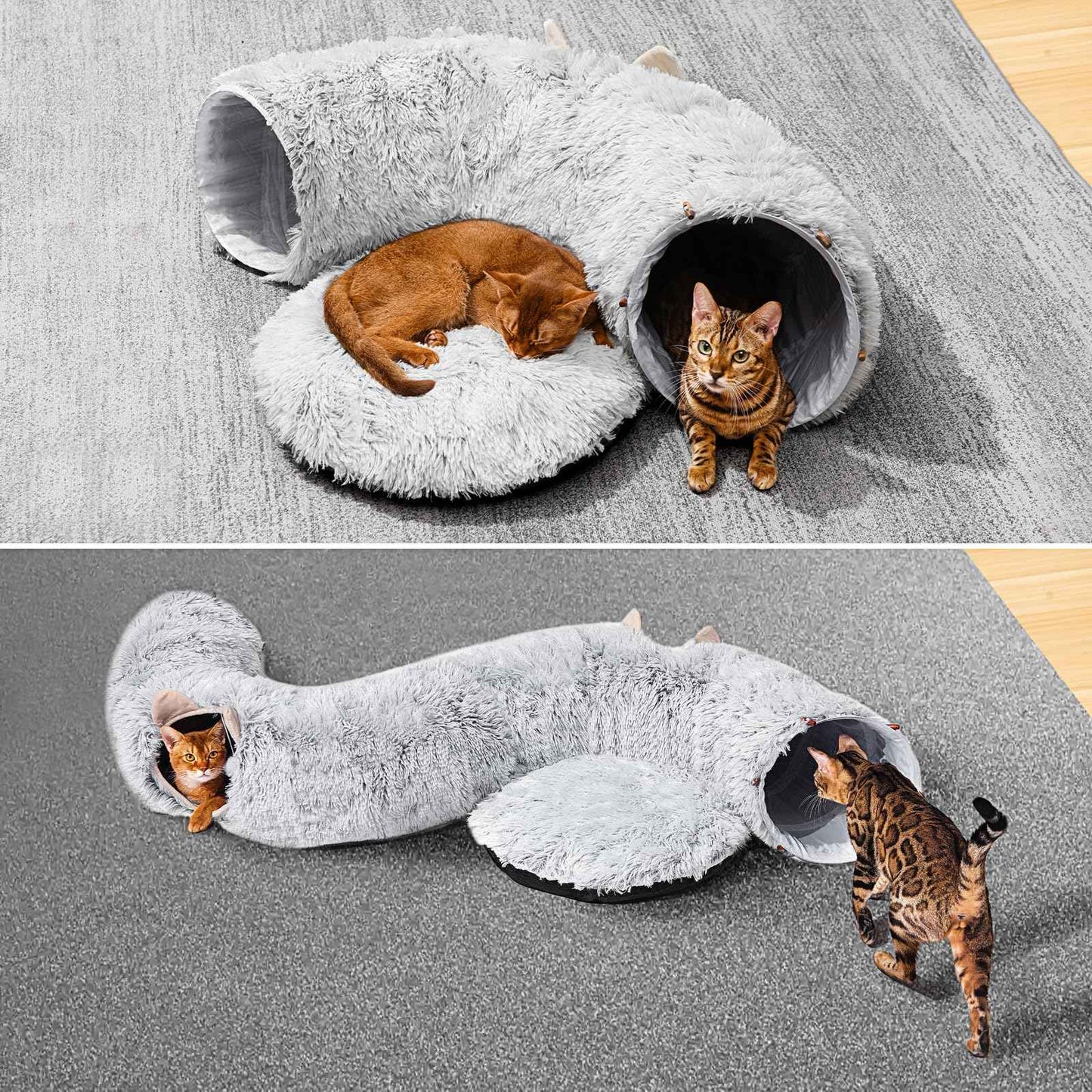 Cat Tunnel with Cat Bed for Indoor Cats, Under Christmas Tree Soft Plush Peekaboo Cat Cave Donut Tunnel, Multifunctional Playground Toys Hideplace for Kittens, Rabbit, Ferret (Grey)