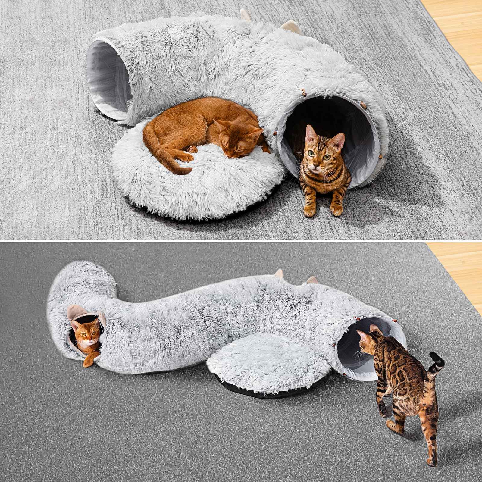 Cat Tunnel with Cat Bed for Indoor Cats, Under Christmas Tree Soft Plush Peekaboo Cat Cave Donut Tunnel, Multifunctional Playground Toys Hideplace for Kittens, Rabbit, Ferret (Grey)
