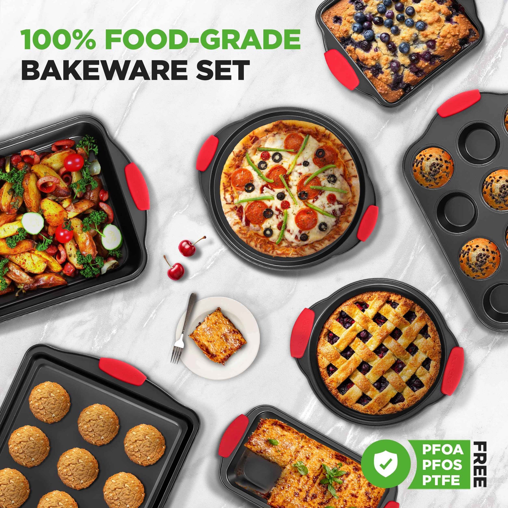 NutriChef 3-Piece Nonstick Kitchen Oven Baking Pans - Premium & Stylish Non-Stick Steel, Commercial Grade Restaurant Quality Metal Bakeware with Red Silicone Handles - Easy to Clean, NCSBS3S