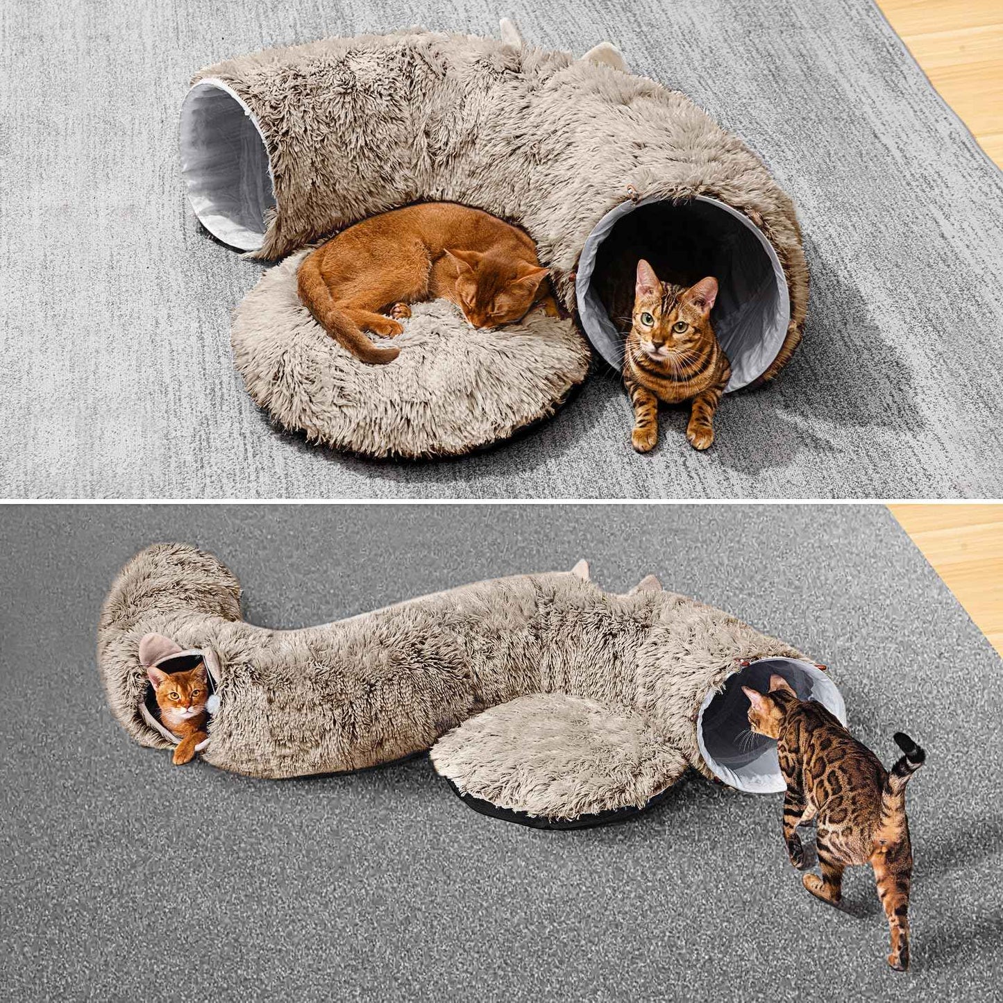 Cat Tunnel with Cat Bed for Indoor Cats, Under Christmas Tree Soft Plush Peekaboo Cat Cave Donut Tunnel, Multifunctional Playground Toys Hideplace for Kittens, Rabbit, Ferret (Grey)