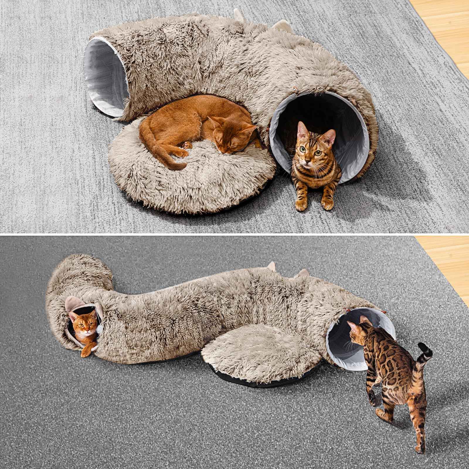 Cat Tunnel with Cat Bed for Indoor Cats, Under Christmas Tree Soft Plush Peekaboo Cat Cave Donut Tunnel, Multifunctional Playground Toys Hideplace for Kittens, Rabbit, Ferret (Grey)
