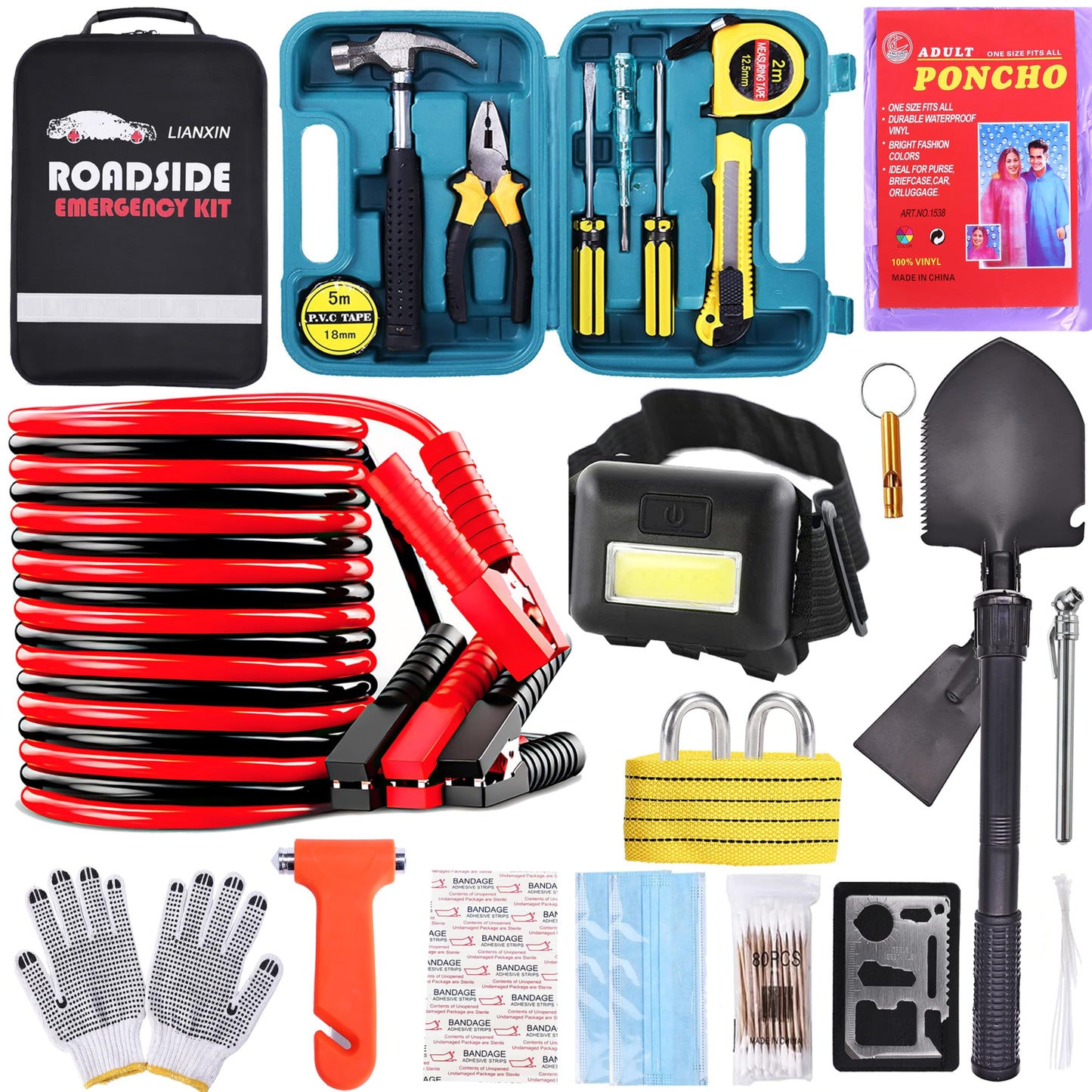 Roadside Assistance Emergency Kit - Car Emergency Kit with Jumper Cables (Upgraded) Emergency Roadside Kit for Car 142 Pieces Car Safety Kits,Tow Strap,Tool Kit,Reflective Warning Triangle