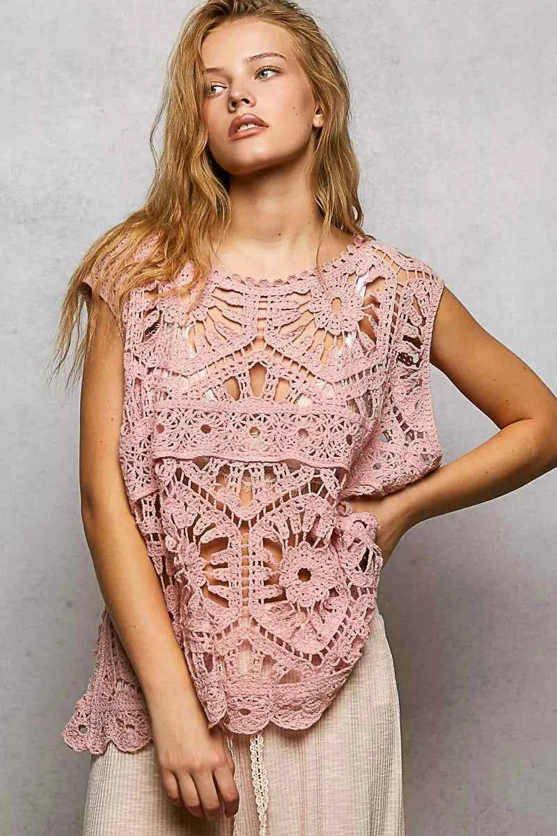 POL Openwork Round Neck Floral Crochet Tank