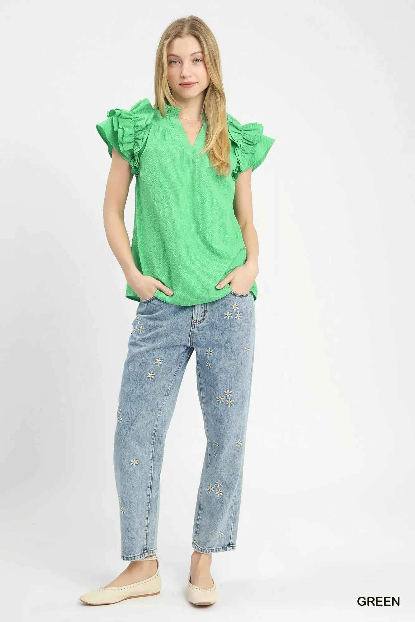 Umgee Textured Ruffle Sleeve Notched Top