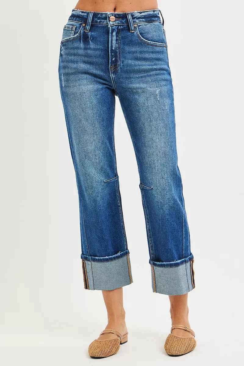 RISEN High Rise Straight Jeans with Distressed Hem
