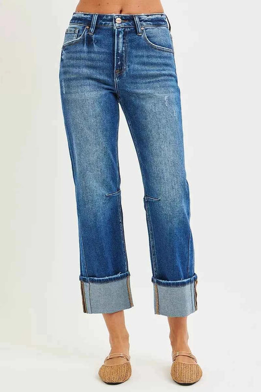 RISEN High Rise Straight Jeans with Distressed Hem