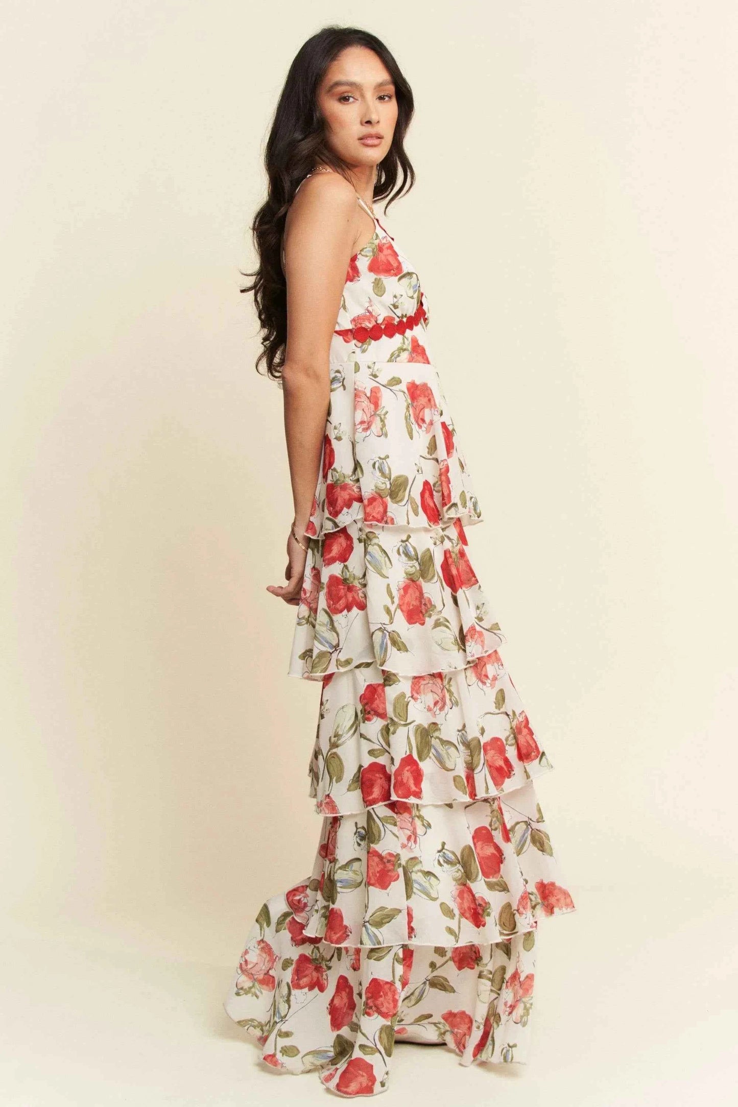 Davi & Dani Contrast Ring Lace Layered Ruffle Maxi Cami Dress