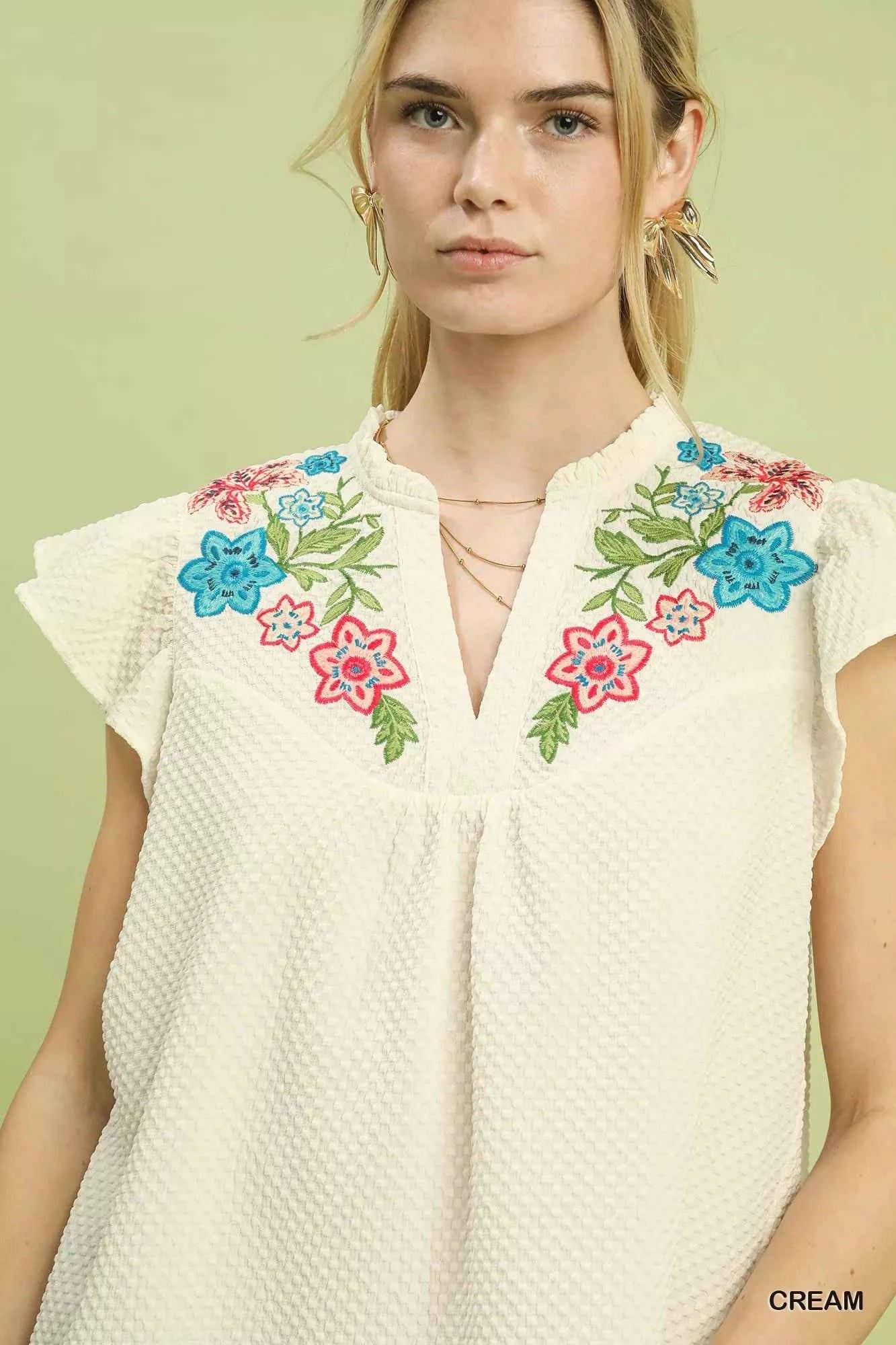 Umgee Embroidered Flutter Sleeve Blouse