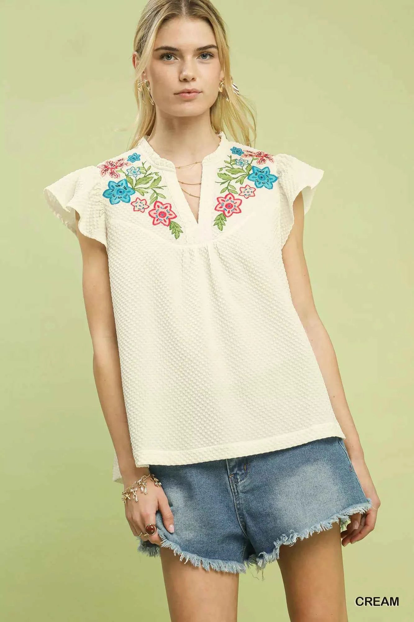 Umgee Embroidered Flutter Sleeve Blouse
