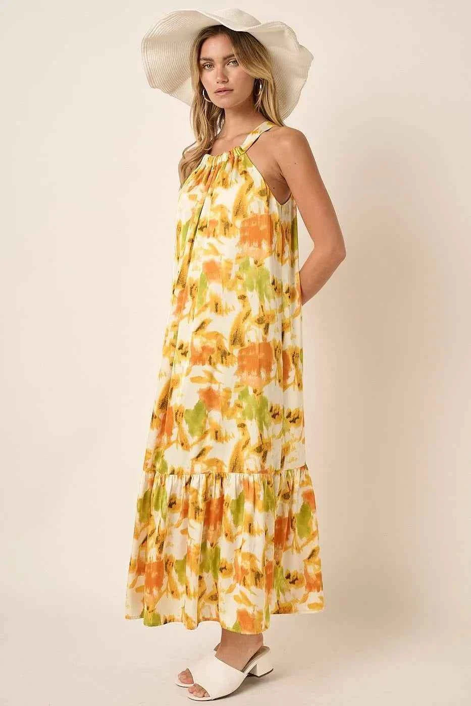 Mittoshop Watercolor Print Halter Neck Satin Maxi Dress