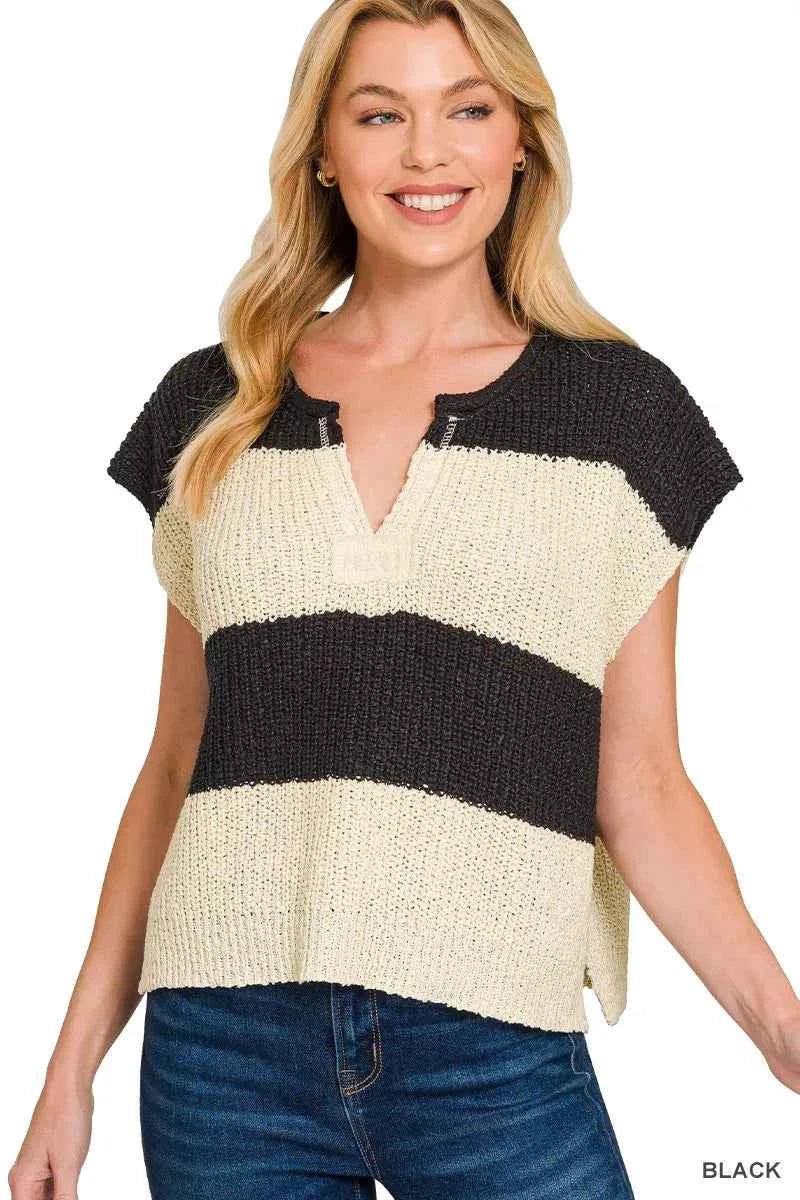 Zenana Split Neck Sleeveless Stripe Sweater