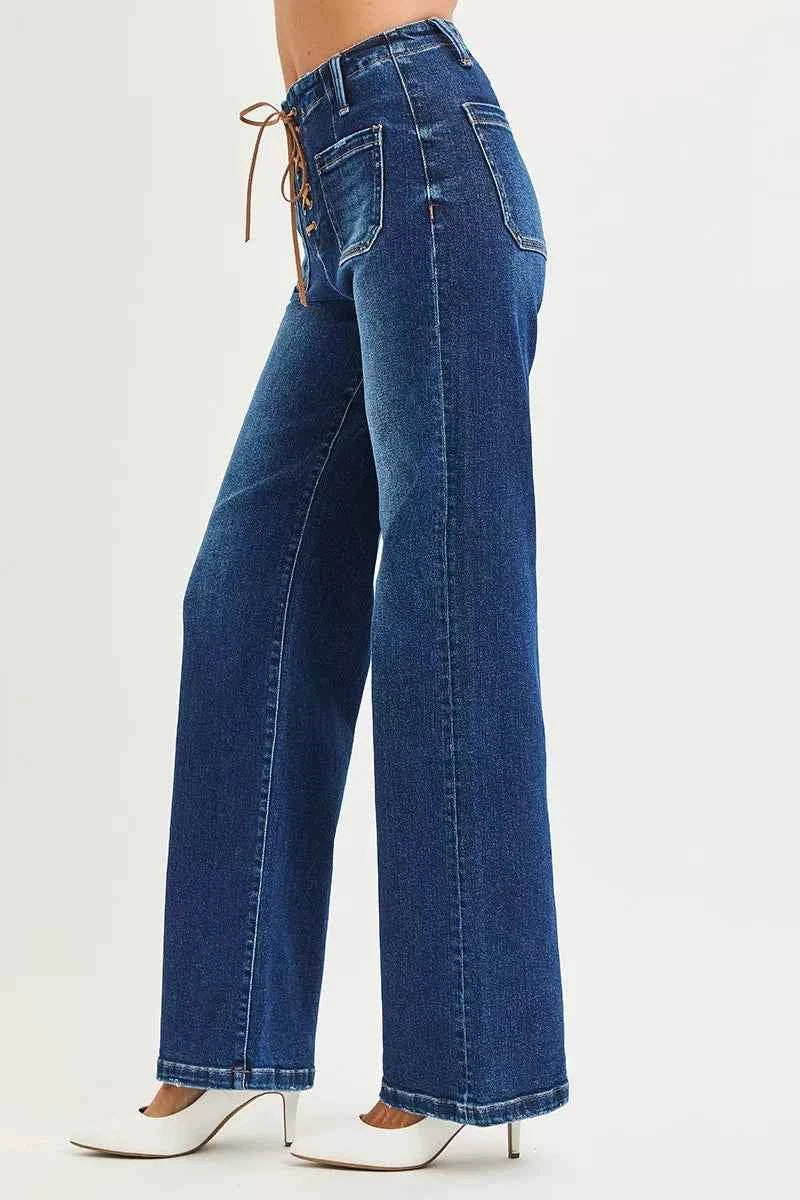 RISEN Full Size High Rise Wide Leg Jeans with Front Tie Detail Plus Size
