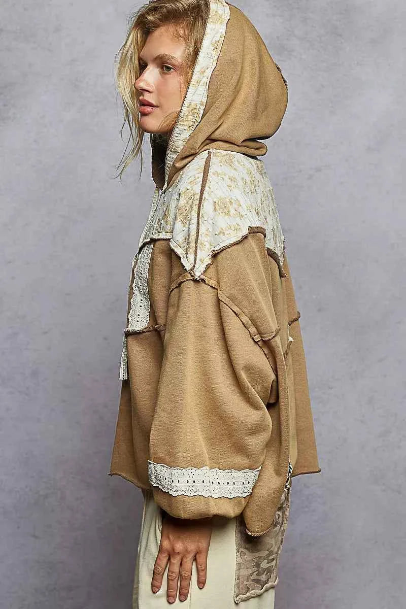 POL Drawstring French Terry Hoodie with Gauze Print Patch
