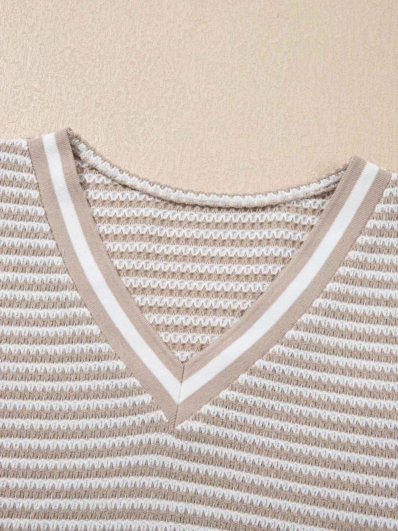 Striped Textured Knit V Neck Top
