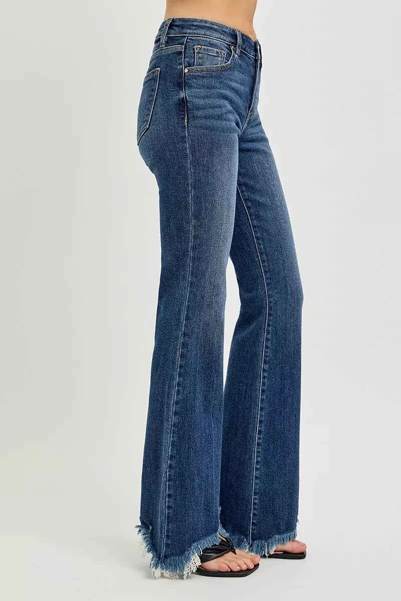 RISEN Full Size Mid Rise Flare Frayed Hem Jeans Plus Size