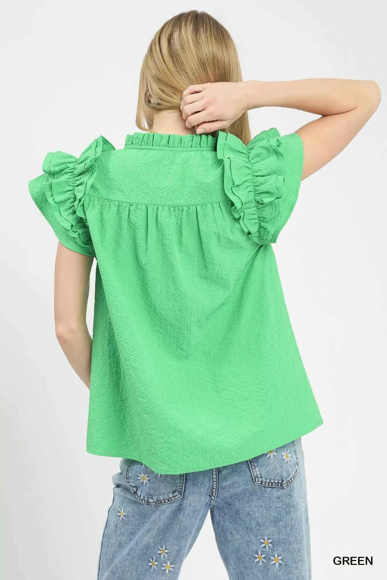 Umgee Textured Ruffle Sleeve Notched Top