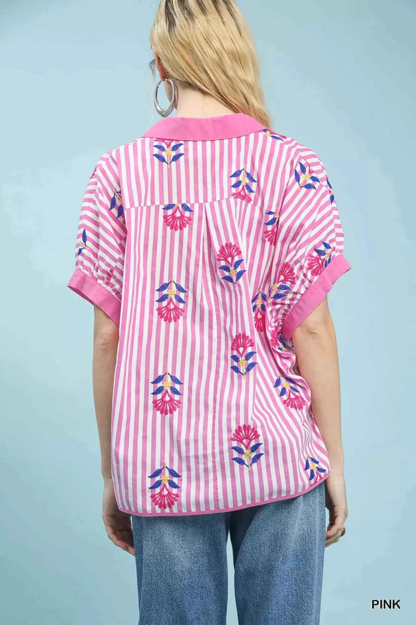 Umgee Stripe Embroidered Button-Front Boho Blouse