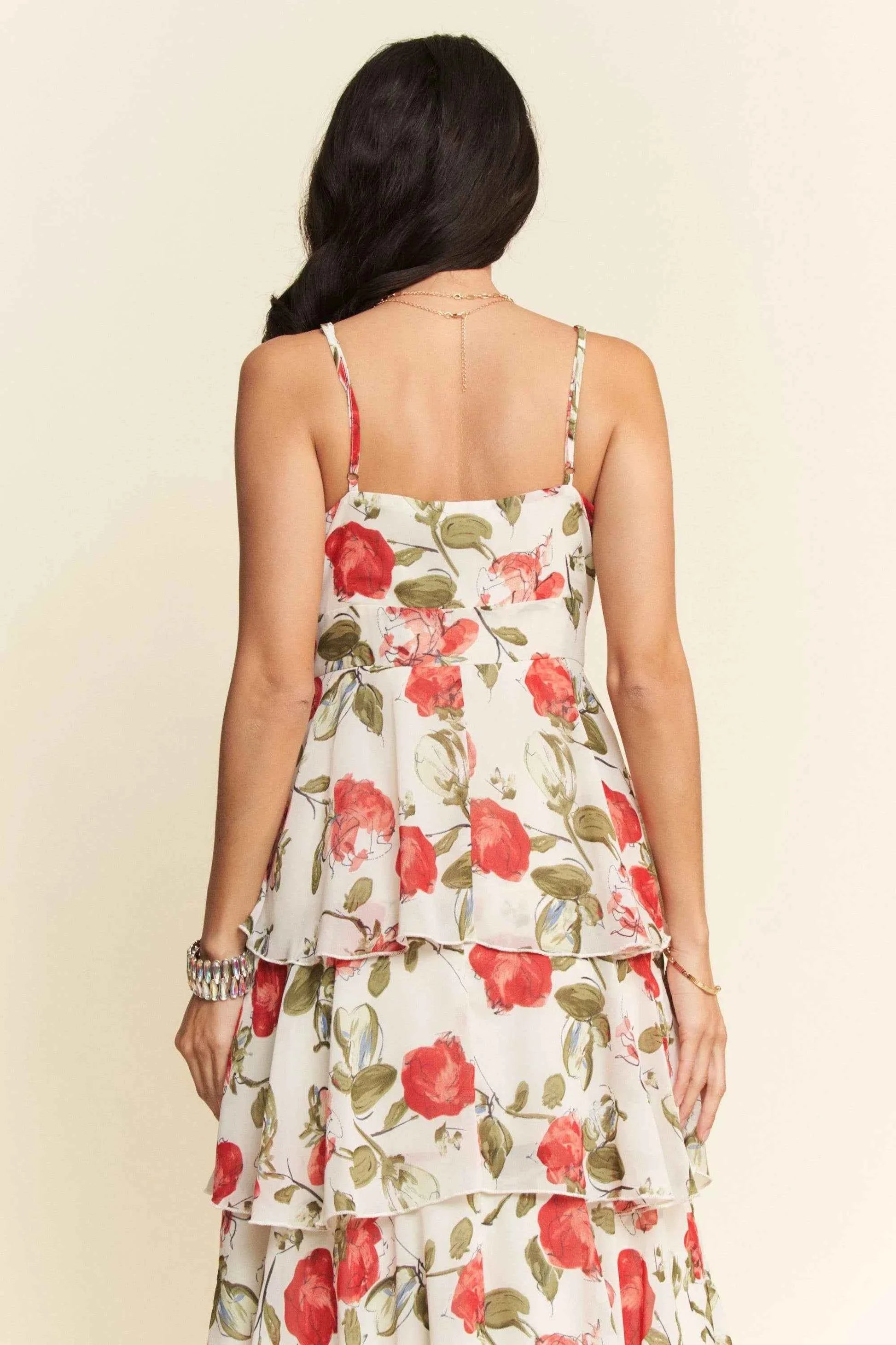 Davi & Dani Contrast Ring Lace Layered Ruffle Maxi Cami Dress