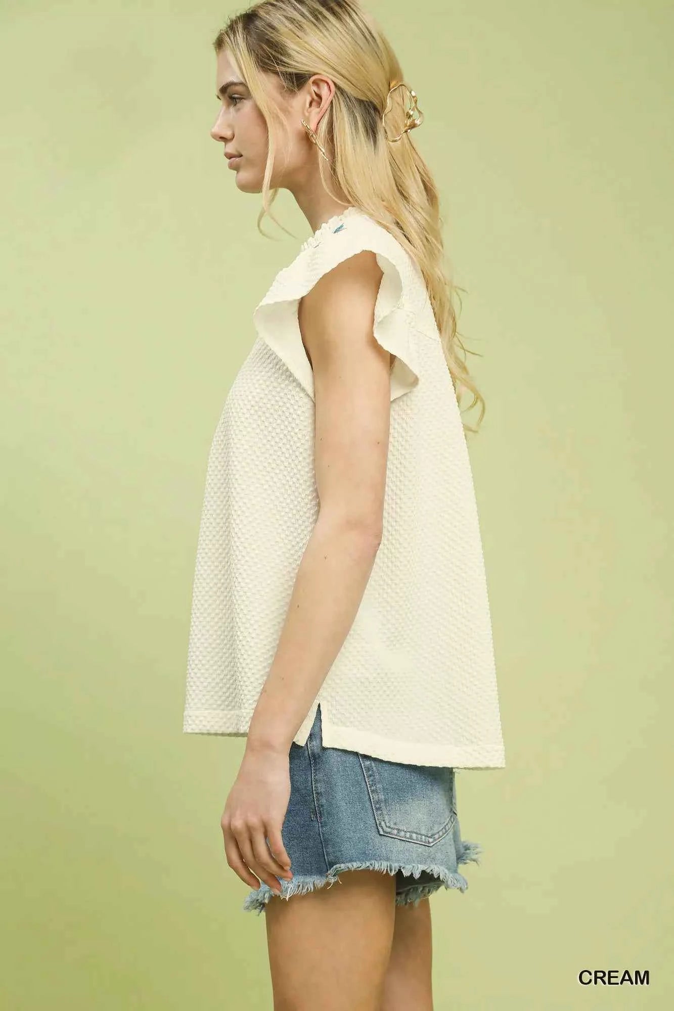 Umgee Embroidered Flutter Sleeve Blouse