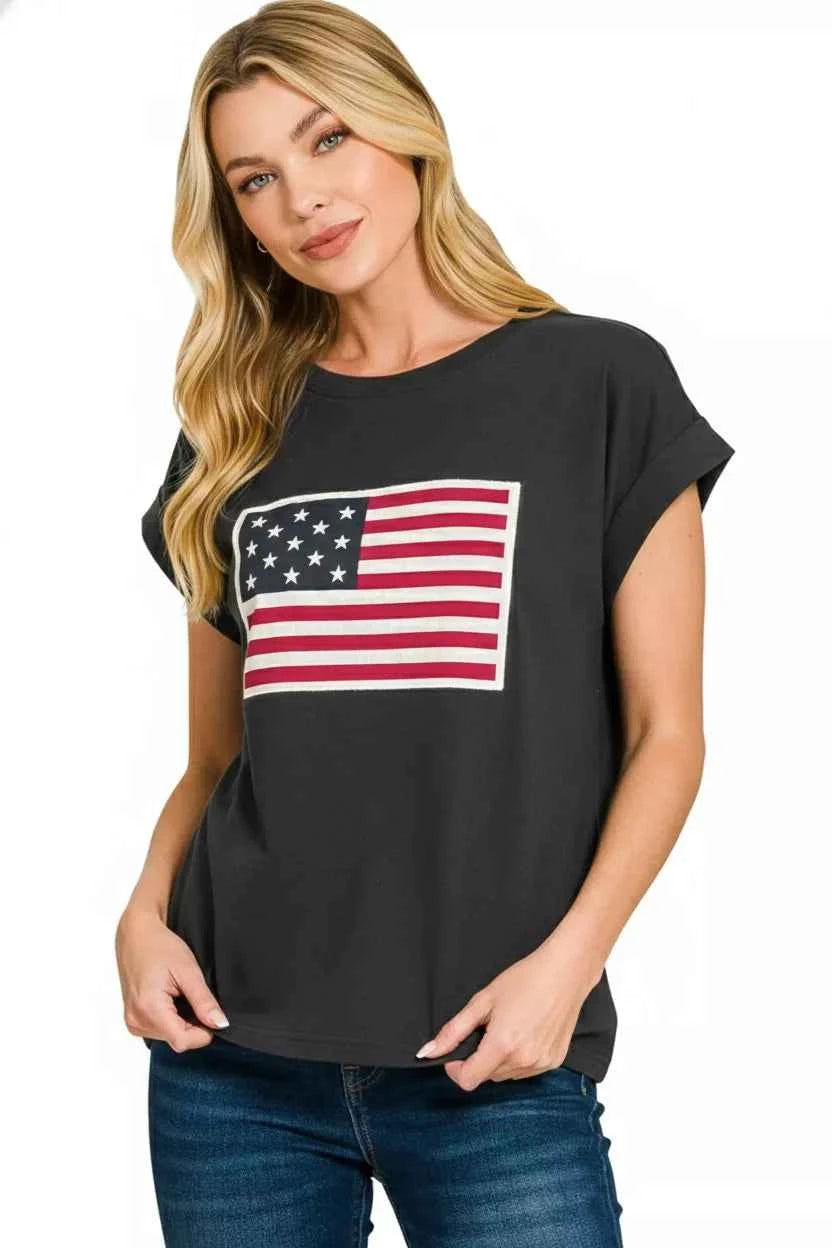 Zenana Full Size US Flag Round Neck Short Sleeve T-Shirt Plus Size