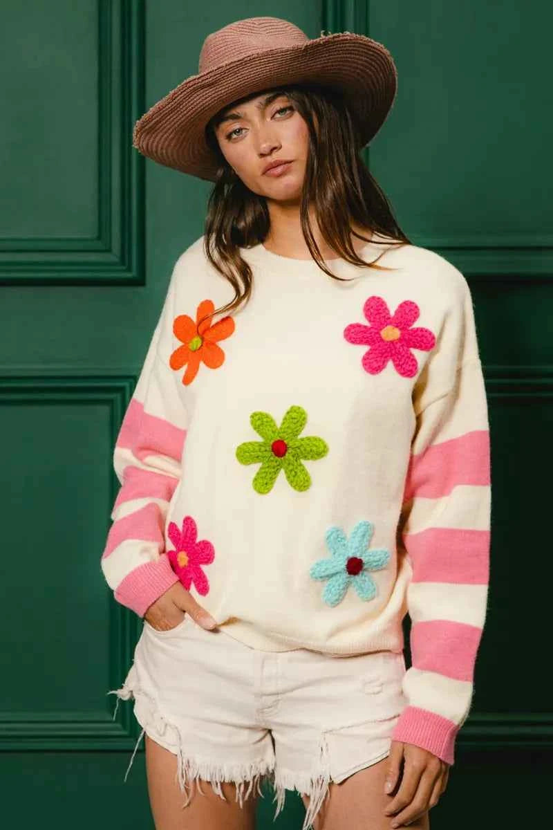 BiBi Colorful Floral Patched Sweater with Striped Sleeve