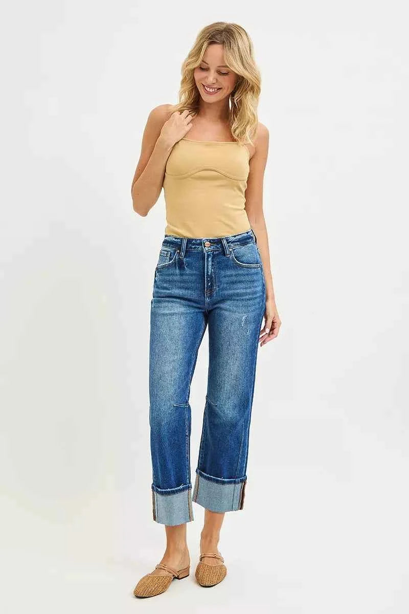 RISEN High Rise Straight Jeans with Distressed Hem