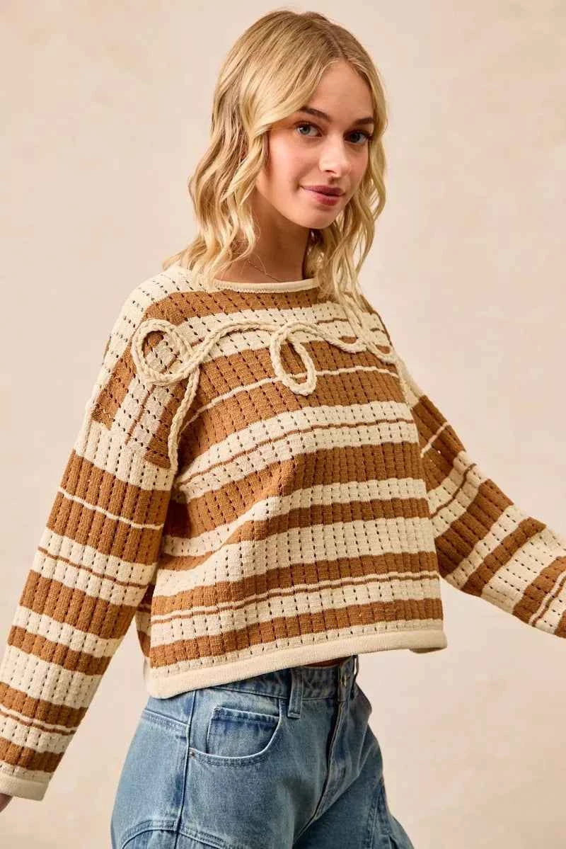 BiBi Striped Open Knit Sweater Top with Front Braided Detail