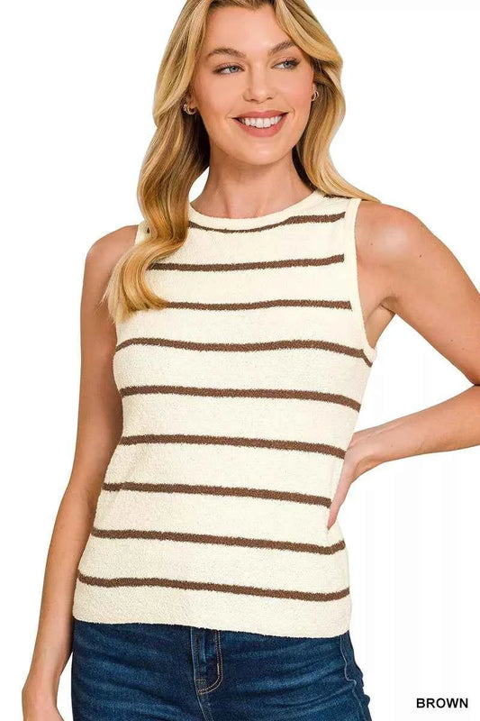 Zenana Round Neck Stripe Knit Tank Top