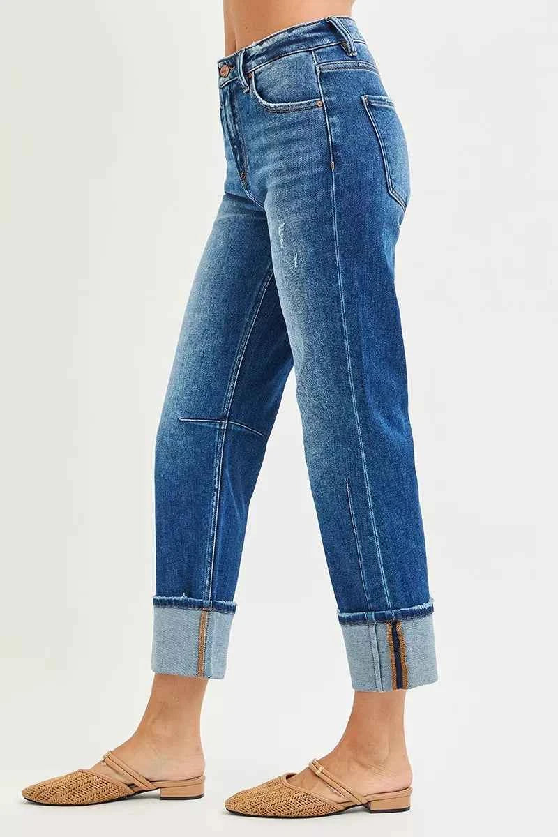 RISEN High Rise Straight Jeans with Distressed Hem