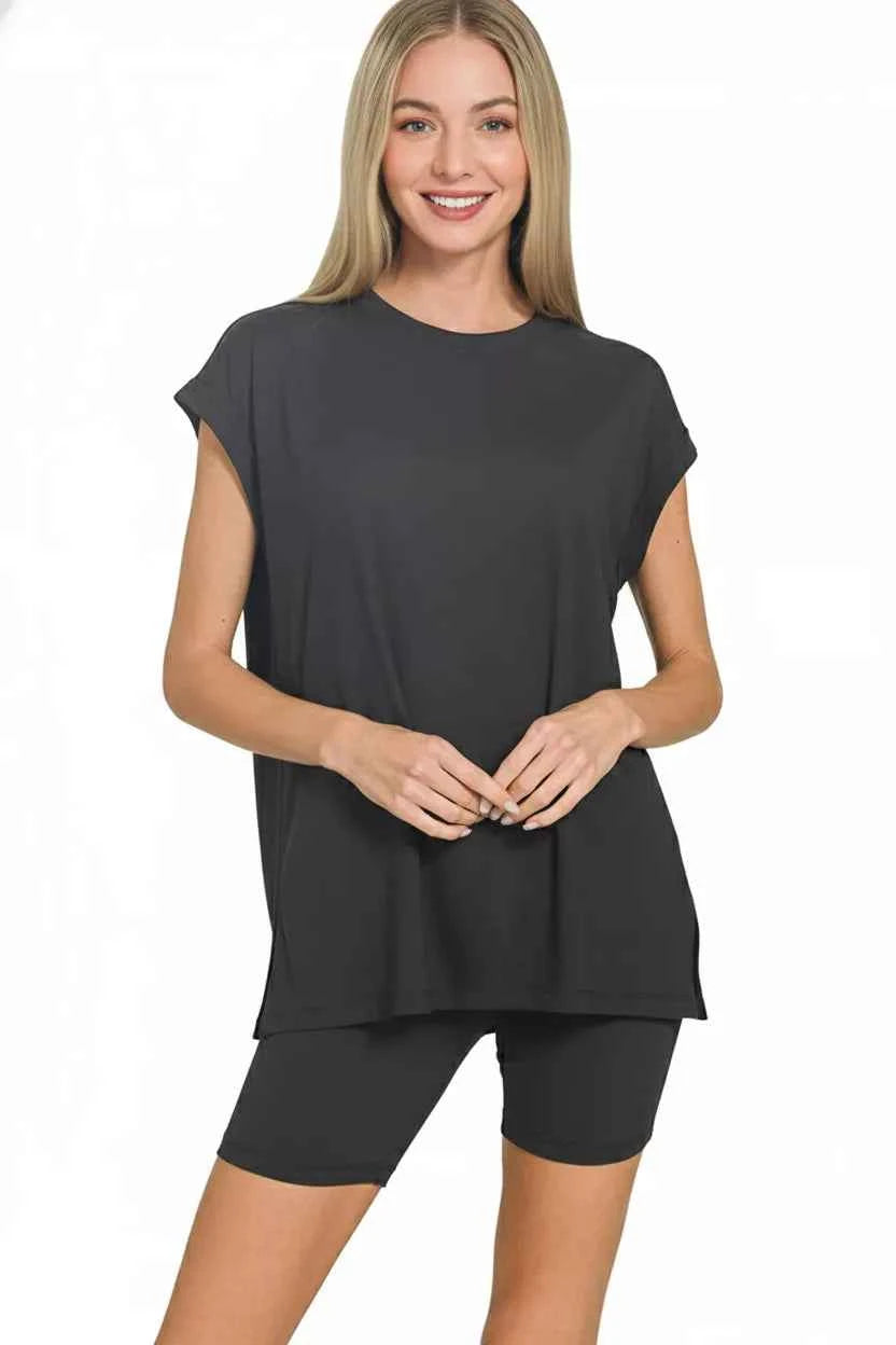 Zenana Brushed Dty Microfiber Top & Biker Shorts