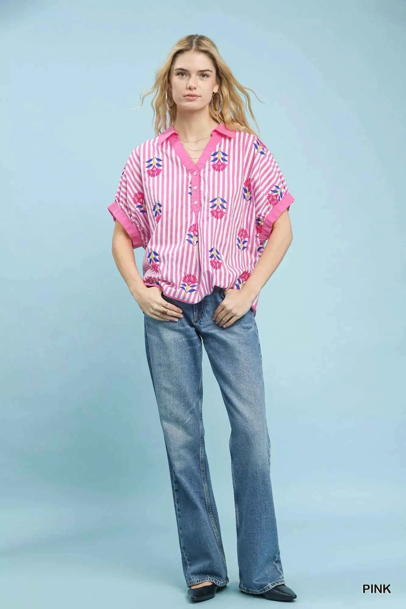 Umgee Stripe Embroidered Button-Front Boho Blouse