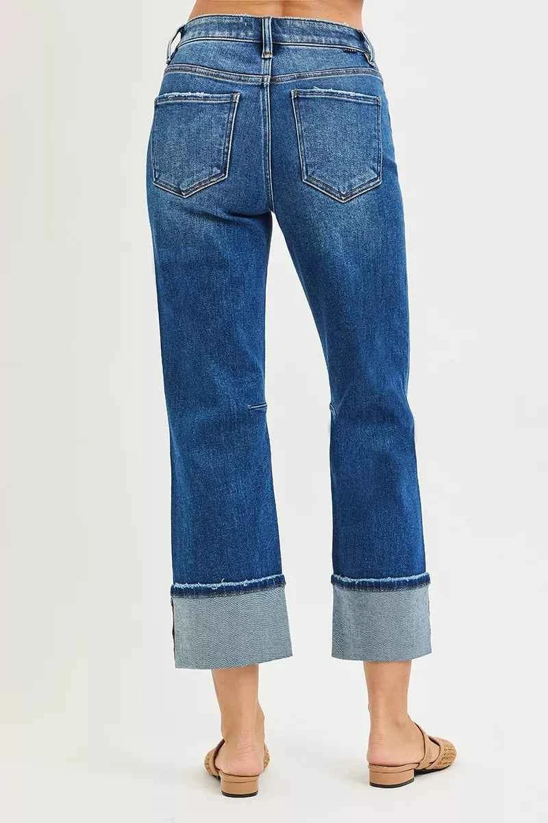 RISEN High Rise Straight Jeans with Distressed Hem
